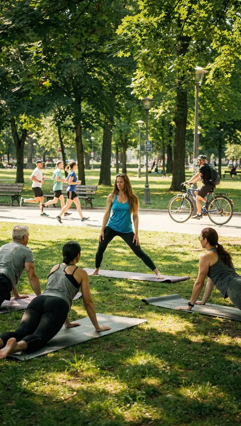 Grupa osób ćwiczących jogę w parku w słoneczny dzień.