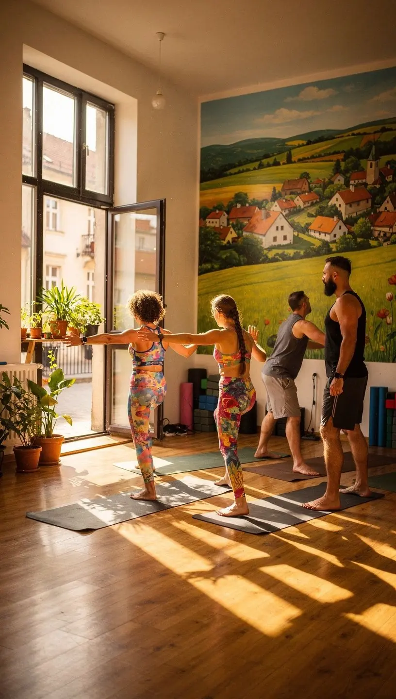 Uczestnik jogi wykonujący asanę w biurze, ilustrujący elastyczność.