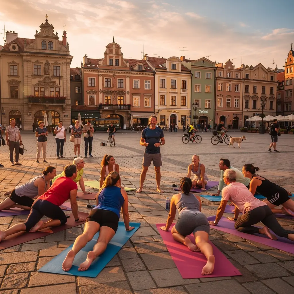 Instruktor jogi prowadzi grupę podczas sesji w pomieszczeniu, z uśmiechem na twarzy.