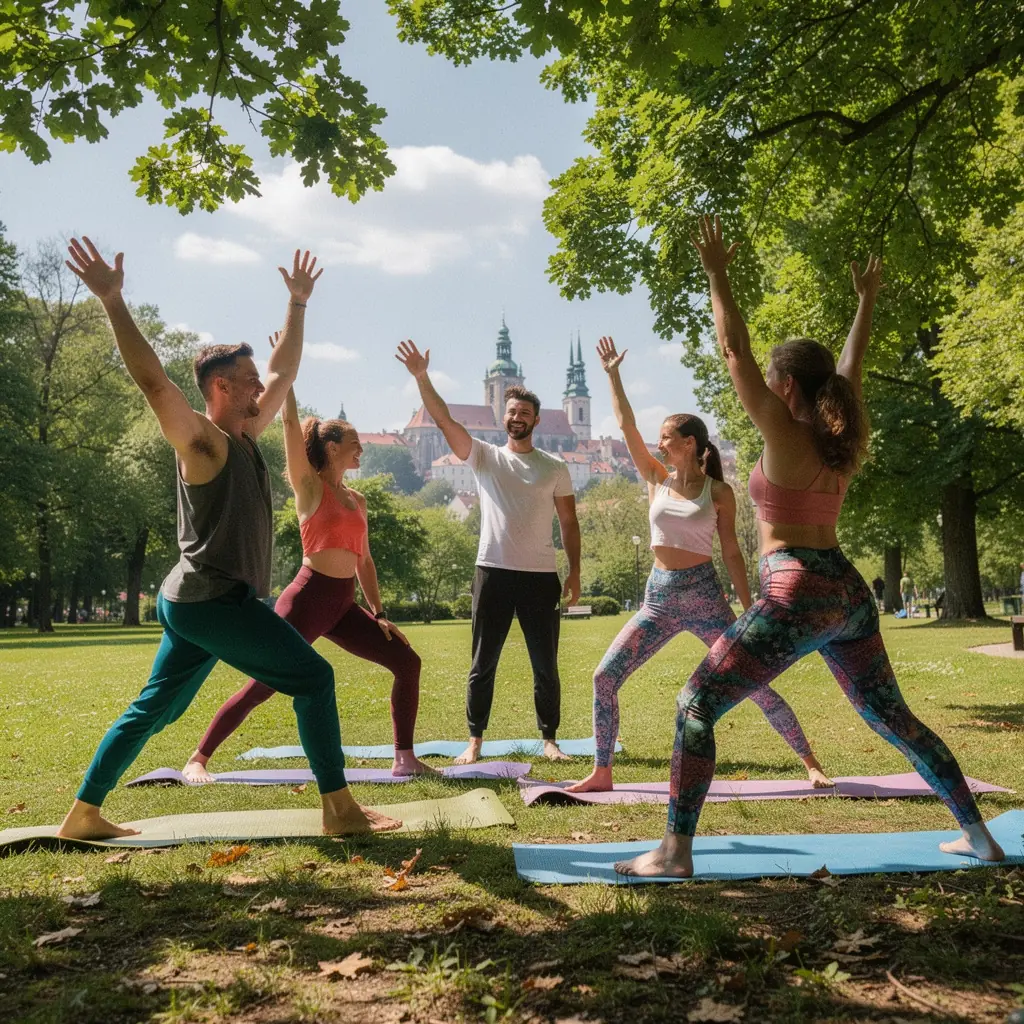 Instruktor jogi prowadzi grupę podczas sesji w pomieszczeniu, z uśmiechem na twarzy.