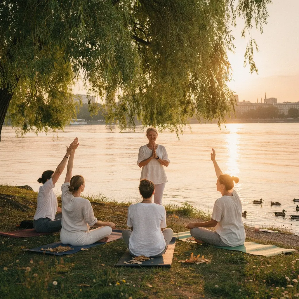 Instruktor jogi prowadzi grupę podczas sesji w pomieszczeniu, z uśmiechem na twarzy.