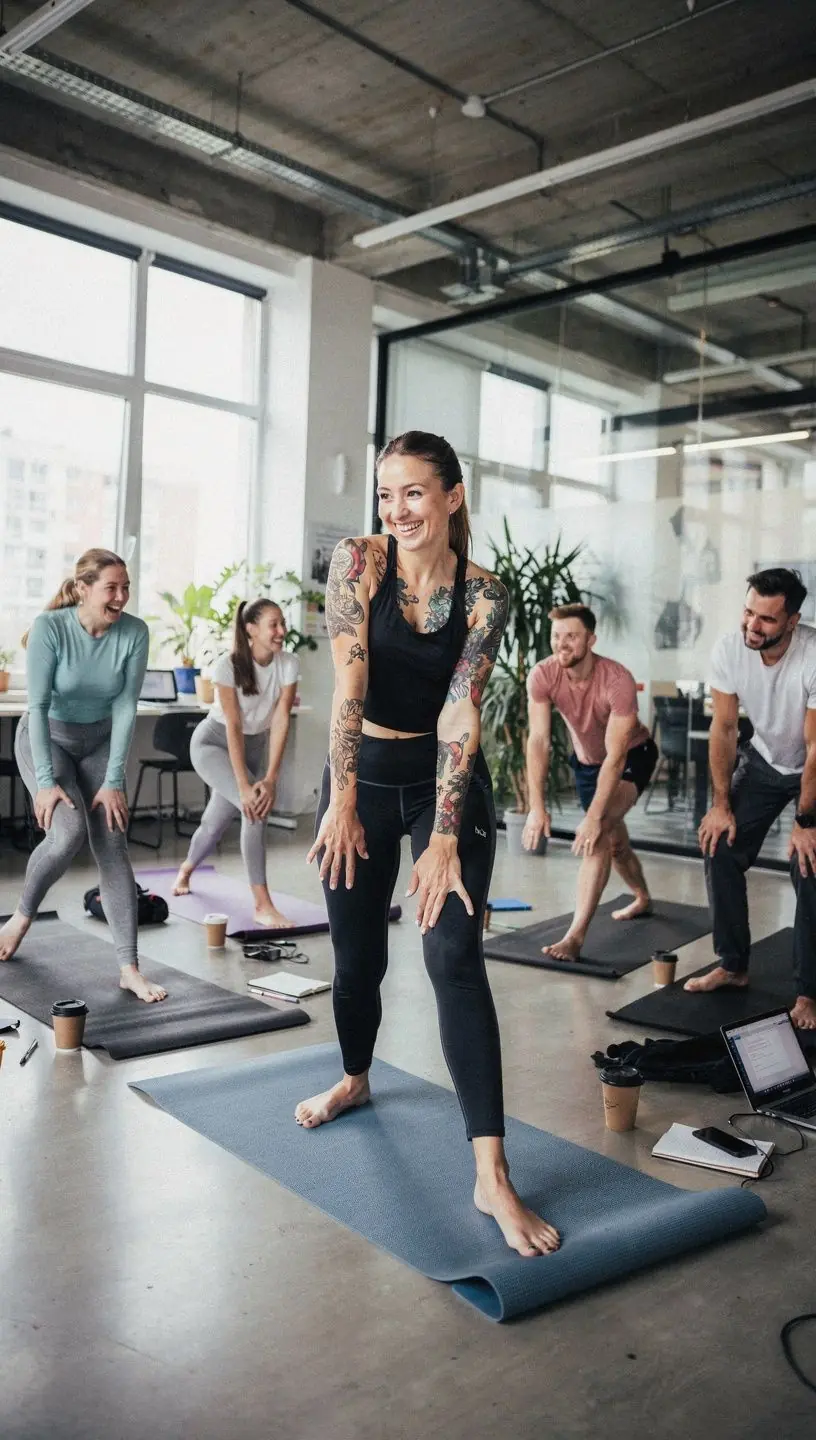Instruktor jogi prowadzi grupę podczas sesji w pomieszczeniu, z uśmiechem na twarzy.