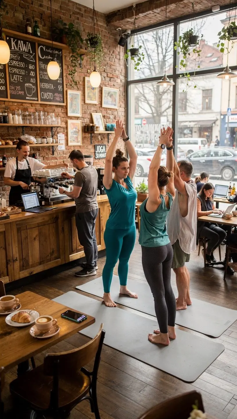 Instruktor jogi prowadzi grupę podczas sesji w pomieszczeniu, z uśmiechem na twarzy.