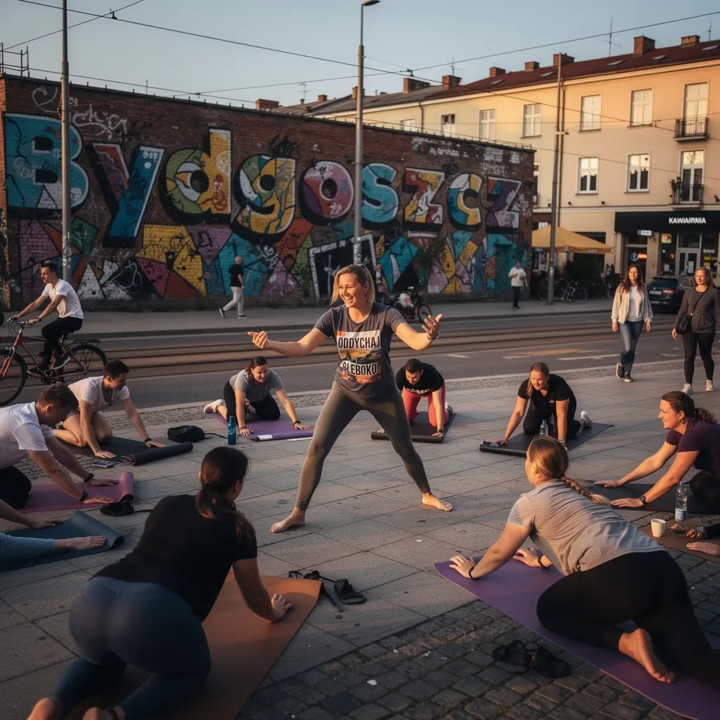 Instruktor jogi prowadzi grupę podczas sesji w pomieszczeniu, z uśmiechem na twarzy.