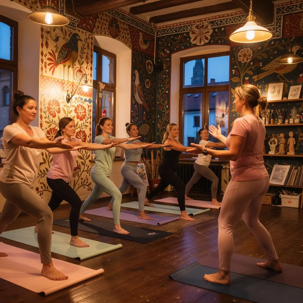 Instruktor jogi prowadzi grupę podczas sesji w pomieszczeniu, z uśmiechem na twarzy.