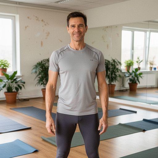 Osoba praktykująca jogę na macie w pokoju dziennym z roślinami.